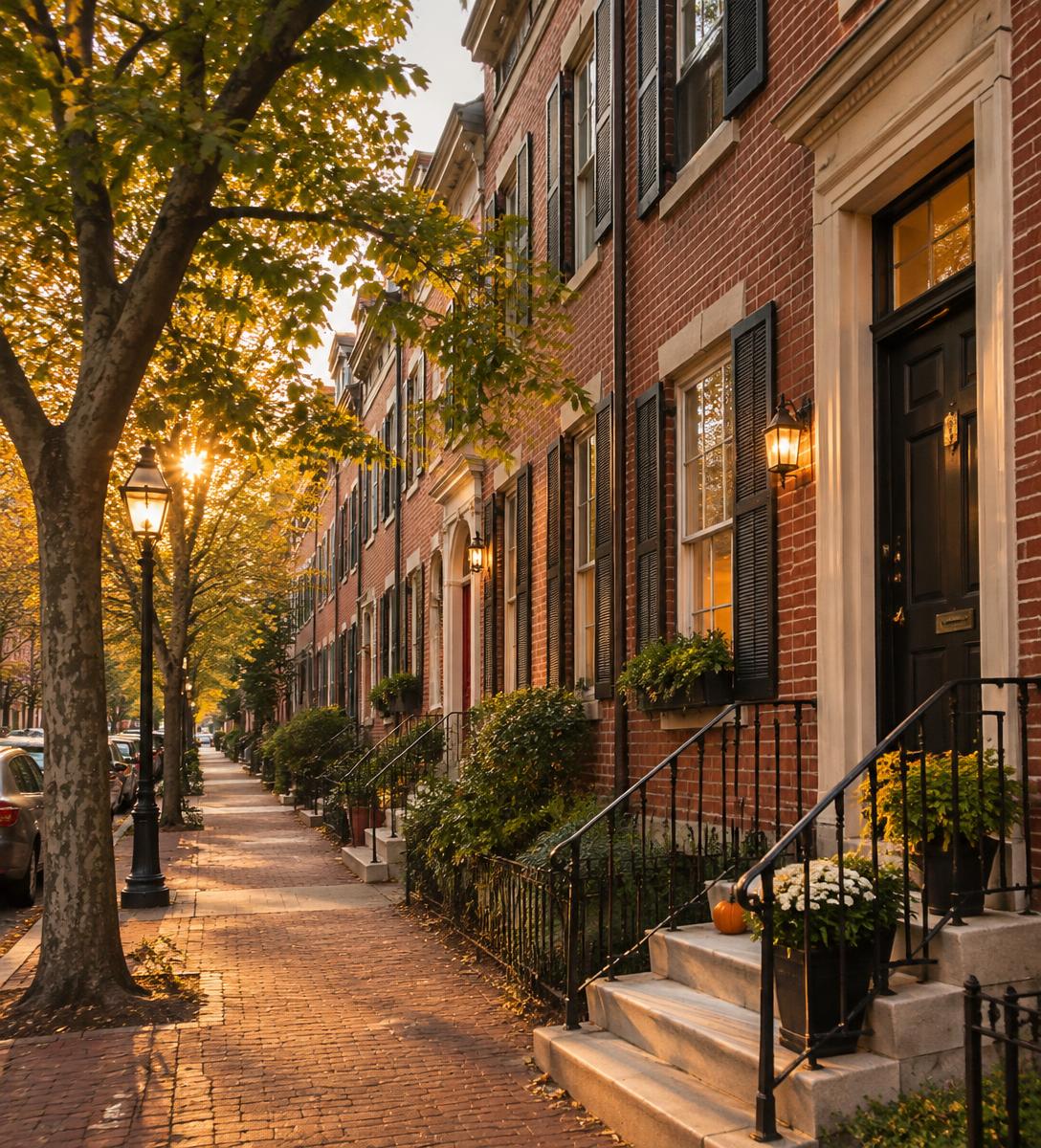 Well-kept Philadelphia rowhouse at dusk